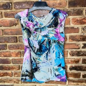 Anne Klein Multicolor Silk Abstract Sleeveless Draped Bow Strap Blouse Size 4